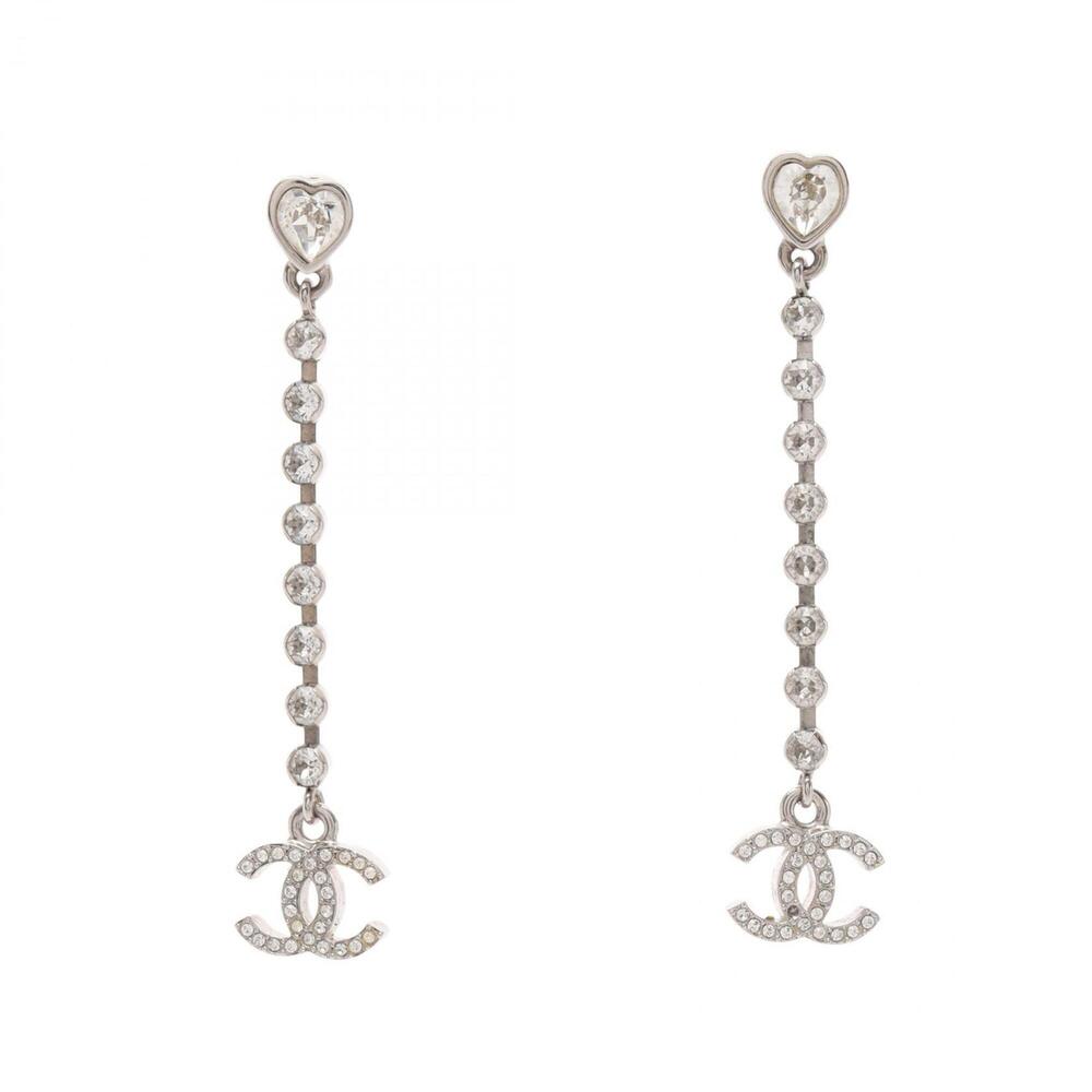 Chanel C25S Coco Mark Heart Earrings, Metal Rhinestone Jewelry, Women's, Silv...